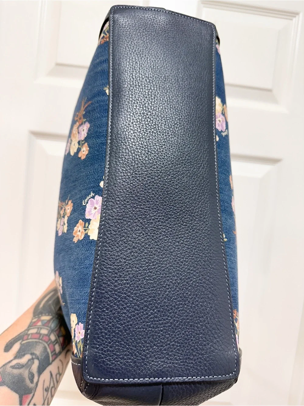 Coach Hallie Shoulder Bag Denim Floral Bouquet Print Navy Leather